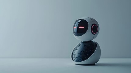 Poster - A sleek, futuristic robot with a glowing face and round head stands on a smooth surface against a minimalist gray background, AI Trend