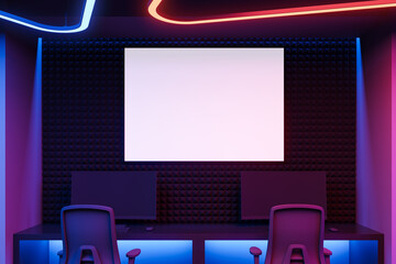 Poster - Futuristic gaming studio room with two chairs, dual monitors, neon lighting, and blank screen on acoustic wall in vibrant glowing environment. 3D Rendering