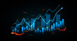 © ImageFlow - Financial market data analysis with glowing 3D bar and line charts on dark background showing economic trends and growth concept visualization. 3D Rendering