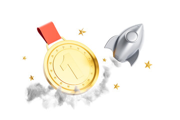 Poster - Golden first place medal and silver rocket flying with smoke and stars on white background representing success and achievement concept. 3D Rendering