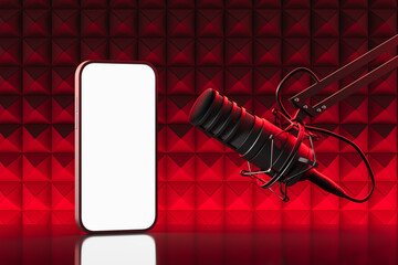 Poster - 3D rendering of podcast microphone and smartphone with blank screen in red acoustic studio background, concept of broadcasting and recording setup. 3D Rendering