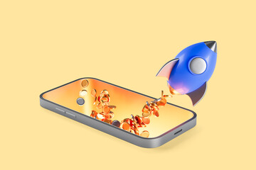 Poster - Rocket launching from smartphone screen with flying coins symbolizing digital finance and mobile investment growth concept on yellow background. 3D Rendering