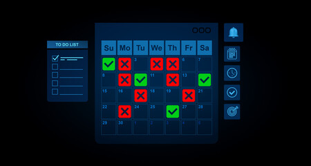 Poster - 3D digital calendar interface with checkmarks and crosses for task tracking on glowing dark background, productivity planning concept.. 3D Rendering