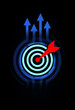 © ImageFlow - 3D concept of red arrow hitting bullseye on digital target with glowing arrows symbolizing growth and achievement on dark background. 3D Rendering