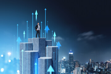 Poster - Confident businessman standing on tall concrete bars surrounded