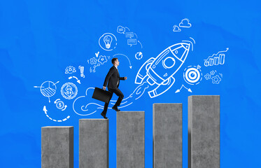 Poster - businessman stepping up concrete bars with startup doodles on bl