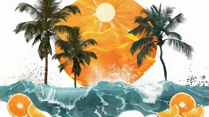 Poster - Freshly squeezed oranges and palm trees in a tropical paradise, perfect for a serene day by the sea