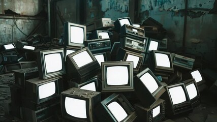 Poster - A collection of vintage televisions stacked in a room, ideal for use in retro-themed or nostalgic settings