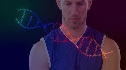 Poster - After DNA helix appearing, male model tracking floating multicolored strand, analyzing genetic data
