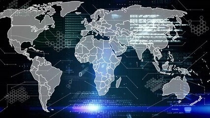 Poster - Beam entering right edge sweeping across world map illuminating borders and mapping data network
