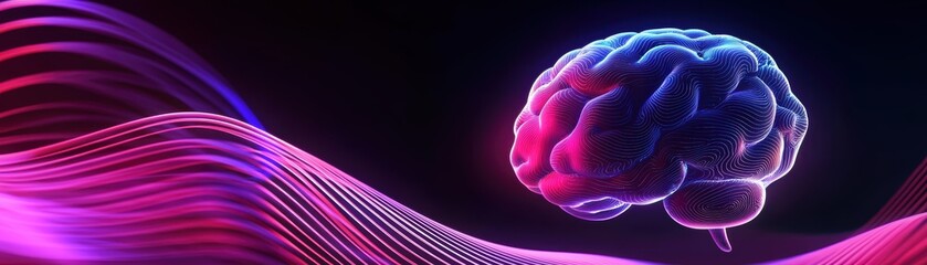 Poster - A glowing, digital brain model with neon pink and purple waveforms representing neural activity or data flow on a dark background, robotic AI