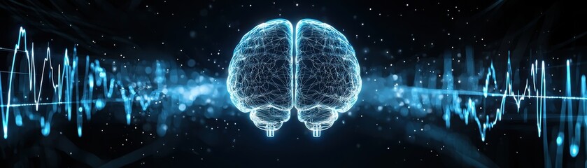 Poster - Digital illustration of a glowing brain with neural connections, surrounded by soundwave-like graphs on a dark futuristic background, robotic AI