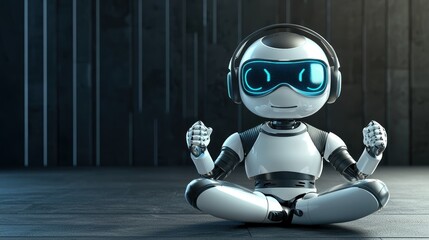 Poster - A small futuristic robot sits cross-legged on a dark floor in a meditative pose, glowing blue eyes and sleek metallic body reflecting ambient light, robotic AI