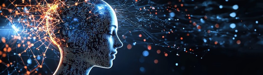 Poster - A digital human head composed of interconnected nodes and lines, symbolizing artificial intelligence and data connectivity in a futuristic, technological environment, robotic AI