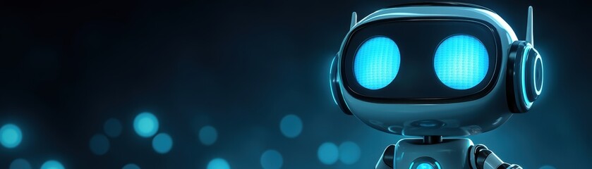 Poster - A futuristic robot with glowing blue eyes stands against a dark, blurry background filled with blue bokeh lights, robotic AI