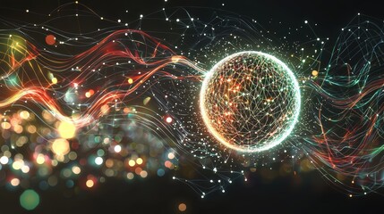 Poster - A glowing spherical network connected by intricate lines and nodes, symbolizing data flow and digital connectivity in a dynamic, abstract space, robotic AI