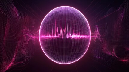 Poster - A glowing purple spherical grid with dynamic waveform patterns pulses in a dark digital space, evoking themes of sound, data, and futuristic technology, robotic AI