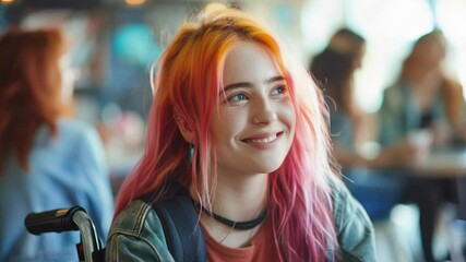 Poster - Woman with pink hair sitting at a table, focused on work or studying