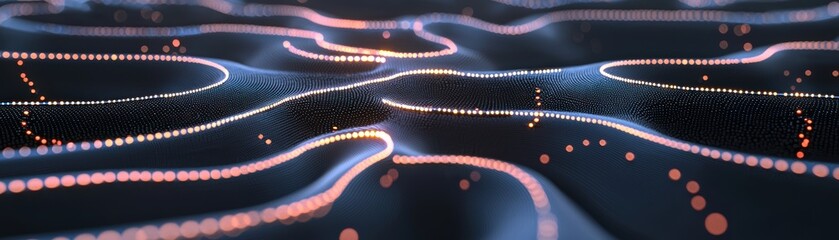 Poster - Abstract digital landscape with glowing lines and dots forming fluid, wave-like patterns on a dark surface, creating a futuristic and dynamic visual effect, robotic AI