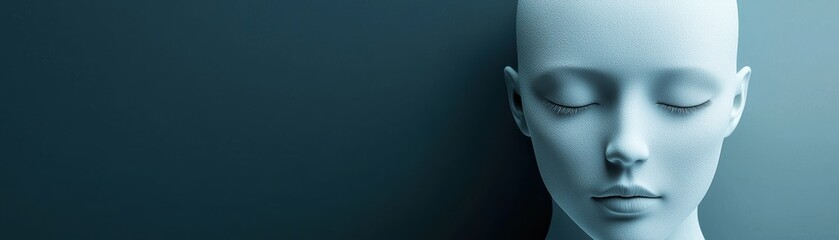 Poster - A serene, futuristic humanoid figure with closed eyes, featuring a textured, light-blue surface against a dark background, robotic AI