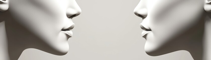 Poster - Two white mannequin faces in profile, facing each other against a neutral background, creating a symmetrical and minimalist composition, robotic AI