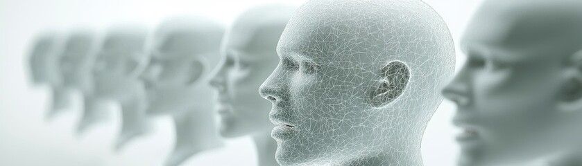 Poster - A row of futuristic, translucent human heads with intricate geometric patterns, symbolizing artificial intelligence and technological evolution, robotic AI