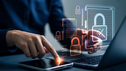 person touching tablet with digital security icons and binary code