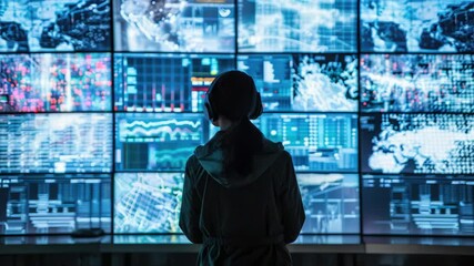 Poster - A person standing in front of a large screen, possibly a presentation or movie theater