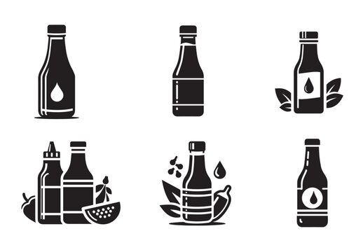 Bottle of Sauce Silhouette Black Vector Set