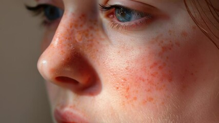 Poster - A close-up shot of a woman's face featuring freckles, suitable for use in beauty or lifestyle editorials