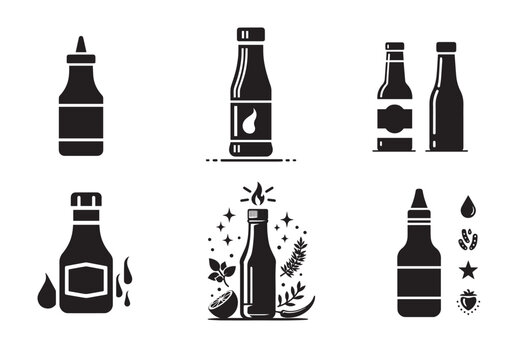 Bottle of Sauce Silhouette Black Vector Set