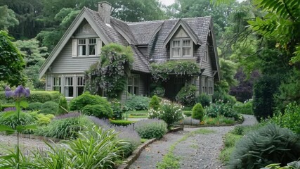 Poster - A house surrounded by lush greenery and flowers in a peaceful garden setting