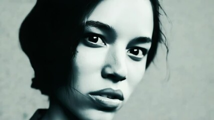 Poster - A close-up black and white portrait of a woman's face with neutral expression