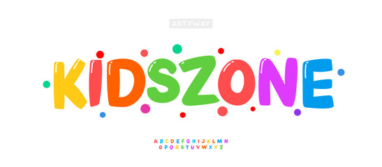 Poster - Colorful playful alphabet, joyful modern letter set, vibrant carnival font for funny kid zone banner, birthday headline, cheerful typography, educational typographic design. Vector typeset.
