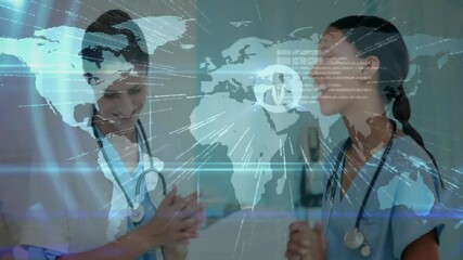 Poster - Senior nurse speaking to junior nurse in medical corridor, activating hologram map and data streams
