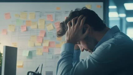 Poster - Exhausted project manager holding his head in hands. Sitting at desk in office after overworking late at night. Suffering from headache and deadline problems. Sticky notes on whiteboard in background