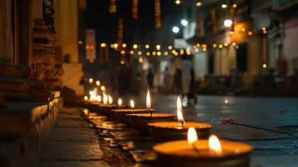 Poster - A row of lit candles sitting on the side of a street, possibly for decoration or memorial purposes