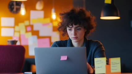 Poster - Professional woman working intently on laptop, surrounded by vibrant sticky notes under soft warm illumination, capturing modern workplace productivity and entrepreneurial spirit
