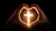 © LuDo - A glowing cross is centered within a heart shape formed by a silhouette of hands