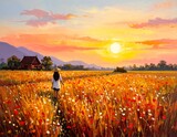 Kobieta idąca przez łąkę. Zachód słońca, letni krajobraz.Obraz, sztuka, grafika