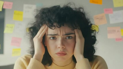 Poster - Exhausted female employee experiencing workplace stress, pressing palms against forehead, leaning near sticky note covered wall, overwhelmed by professional challenges