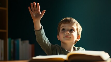 Poster - Elementary school student raising hand to answer question during class time, demonstrating engagement and participation in education with book in front of him