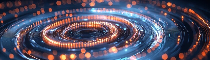 Poster - A futuristic, glowing spiral circuit board with vibrant blue and orange lights, symbolizing advanced technology and digital innovation, AI background with space for text