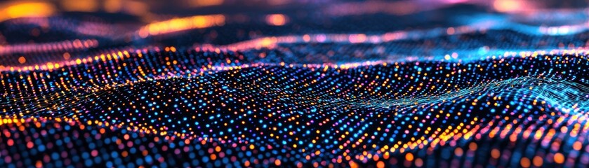 Poster - A vibrant digital wave of colorful dots creating a futuristic, flowing landscape of light and technology, AI background with space for text
