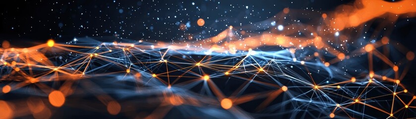 Poster - Abstract digital network with glowing orange nodes and interconnected lines over a dark, starry background, AI background with space for text