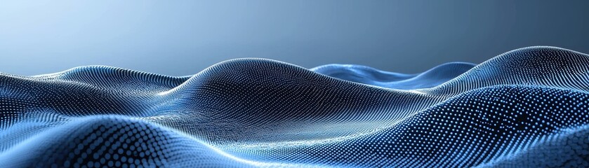 Poster - A futuristic digital landscape with flowing waves made of glowing white dots on a blue gradient background, AI background with space for text