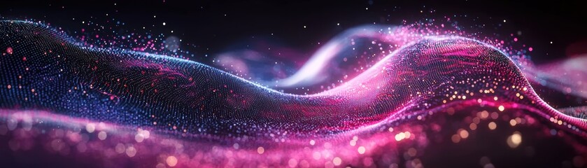 Poster - A vibrant digital wave composed of glowing particles in shades of pink and purple, creating a dynamic and futuristic abstract landscape, AI background with space for text