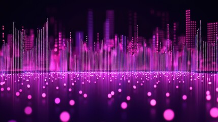 Aufkleber - Abstract digital landscape composed of vibrant pink and purple light dots and vertical bars on a dark background, AI background with space for text