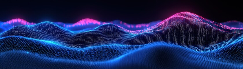 Poster - A dynamic 3D digital wave composed of glowing blue and pink particles forming a futuristic landscape under a dark background, AI background with space for text