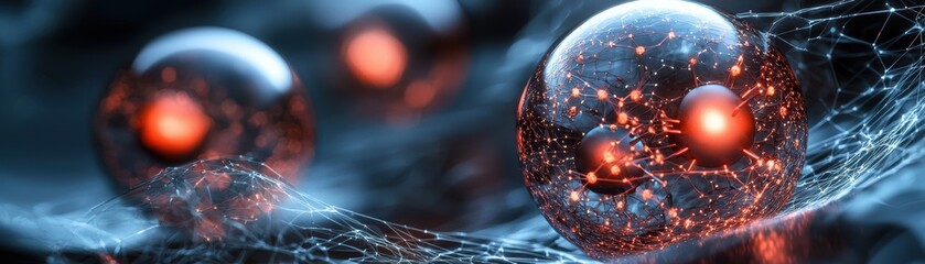 Poster - A futuristic digital rendering of glowing atomic or molecular structures with interconnected particles and vibrant orange energy cores, AI background with space for text